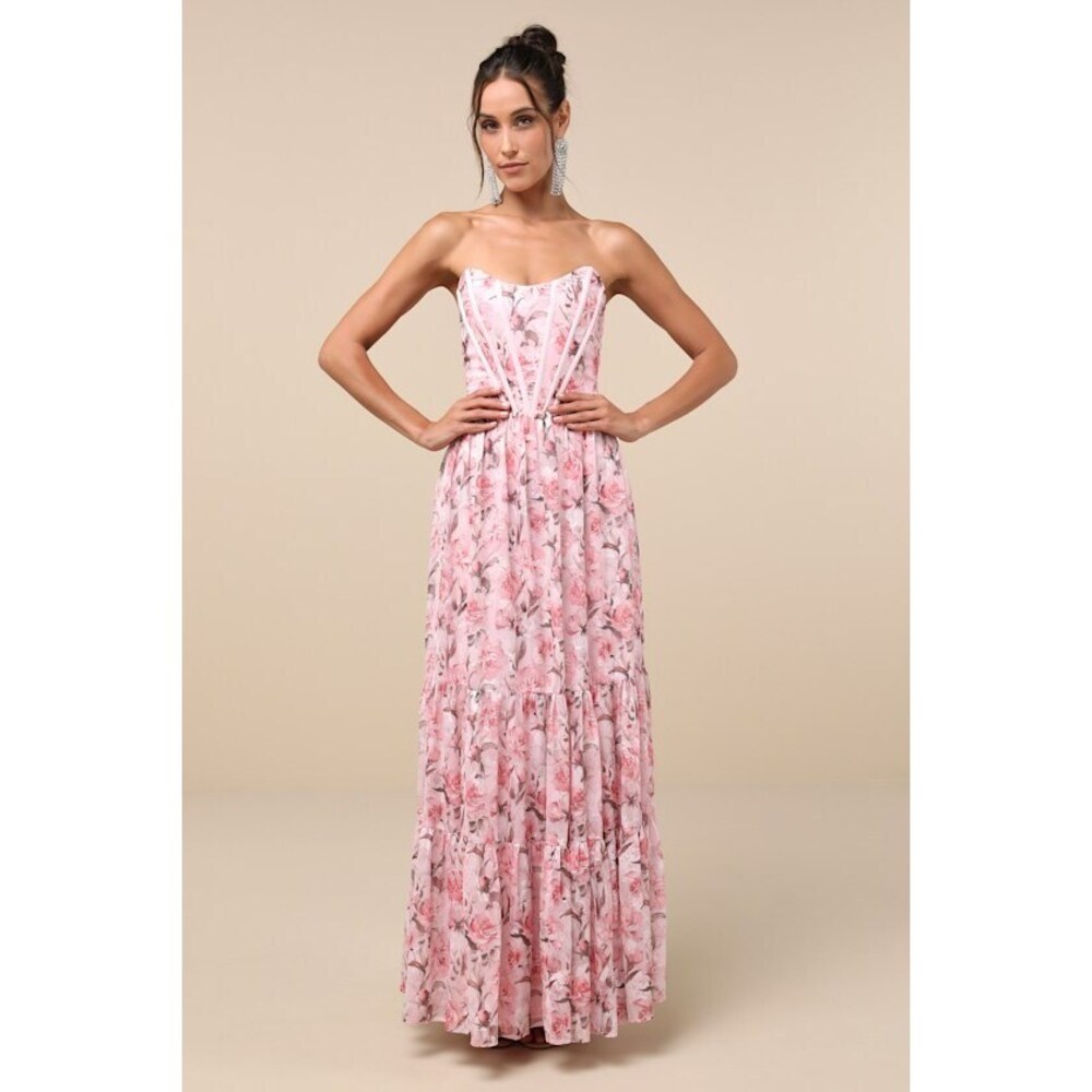 Lulus Special Moment Pink Floral Strapless Bustier Maxi Dress - Size S